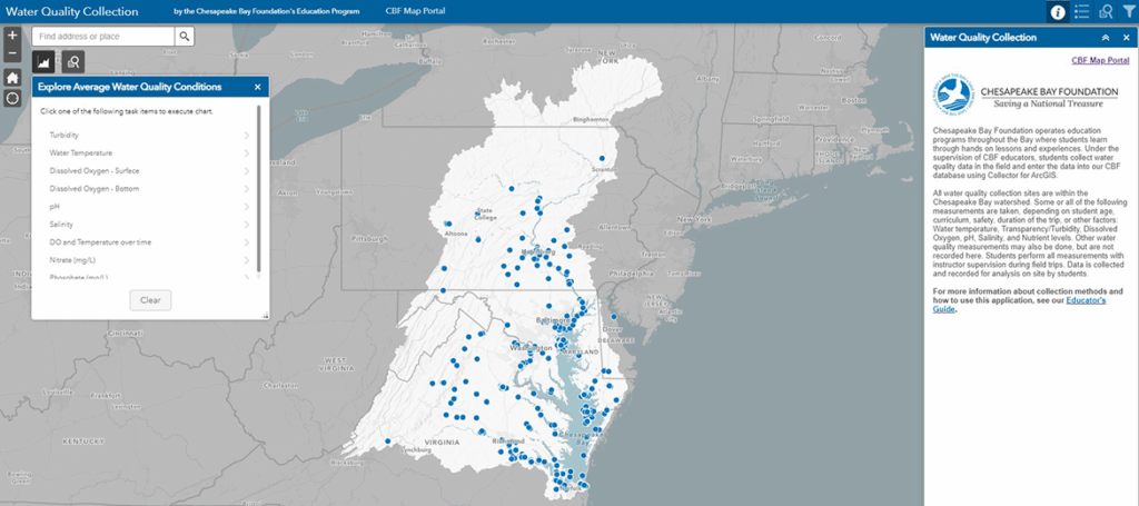 Map of the Bay watershed with blue dots representing water quality testing locations.