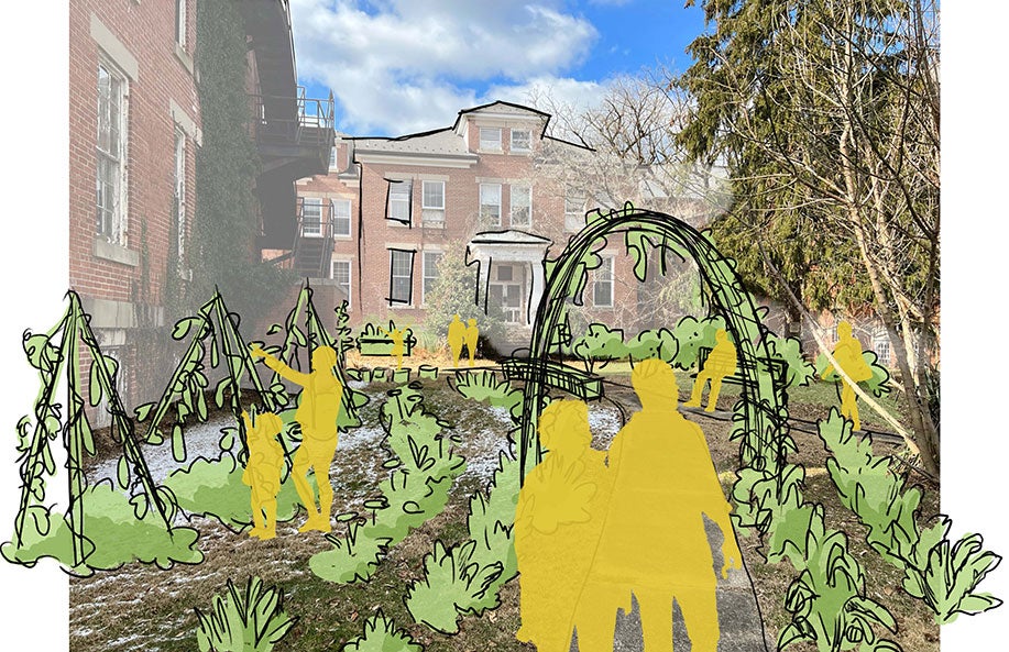 A randering shows garden beds and people enjoying the garden drawn over a vacant Crownsville State Hospital.