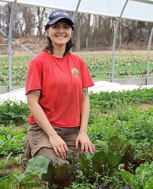 Elizabeth Snyder, in a blue Save the Bay ball cap and red shirt, kneels among cabbage plants.
