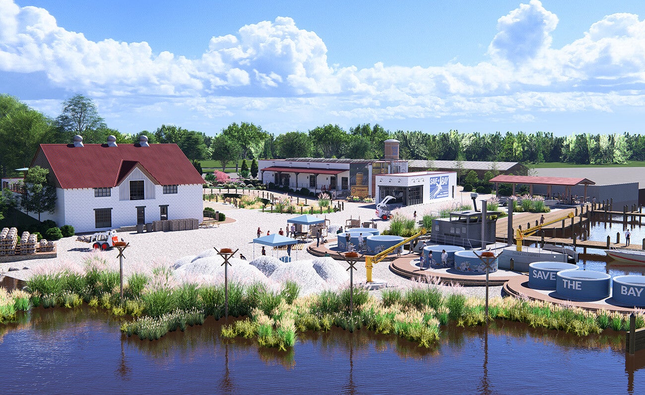 An artist's rendering depicts multiple buildings, oyster shell holding tanks, and mounds of oyster shell on a shoreline.
