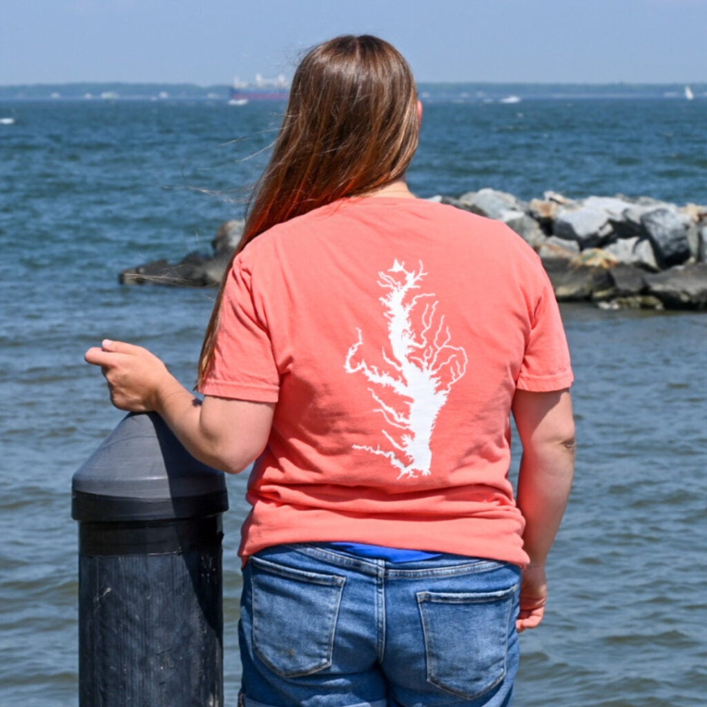 A woman stands with her back to the camera, looking out over the Bay. She is wearing a salmon-color t-shirt with a white map of the Chesapeake Bay on the back.