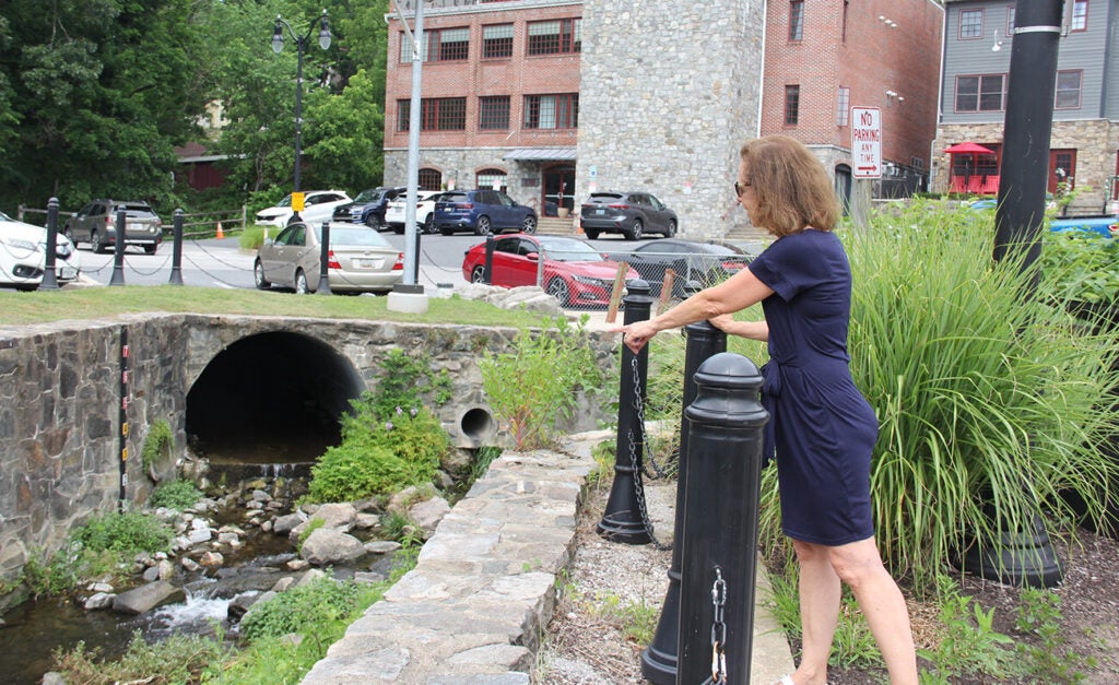 A woman in a navy dress leans on a black post, pointing toward a stone culvert and small stream with parked cars and brick buildings in the background.