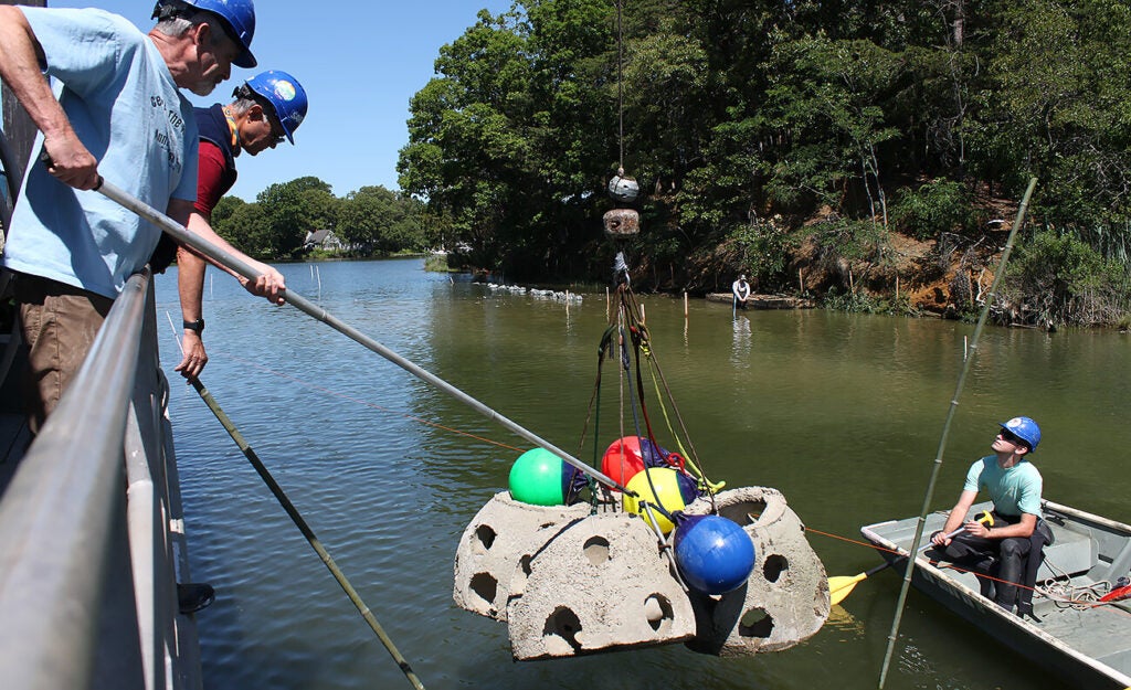 Two workers in blue hard hats lean over a boat's railing to guide a suspended set of concrete reef balls with colorful buoys while a person in a dingy helps maneuver it on a calm river beside a tree-lined shore.