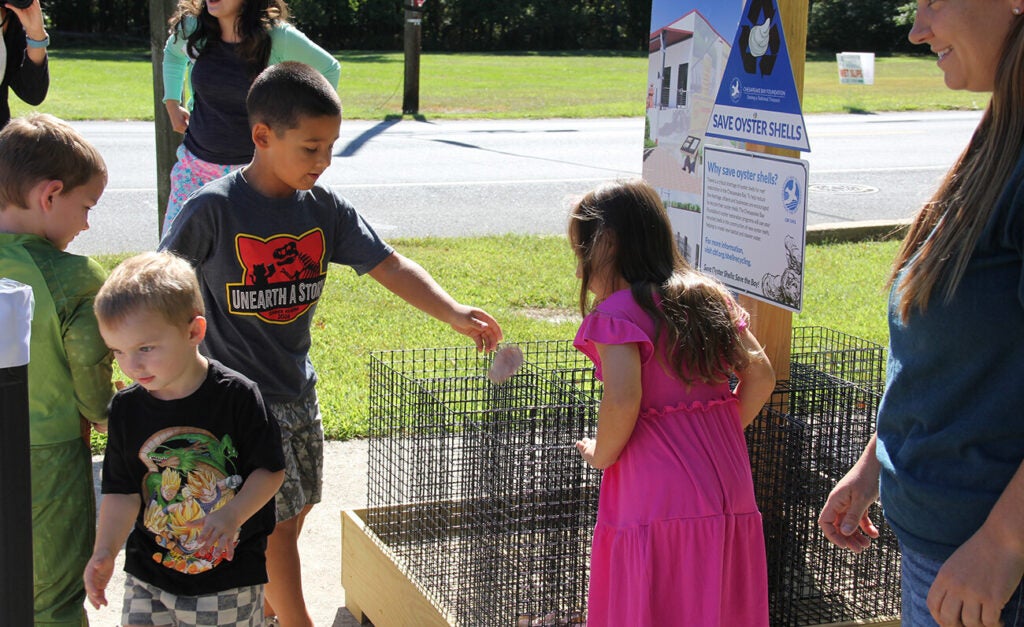 Children gather around a wire cage with the sign Save Oyster Shells as one little boy drops an oyster shell in.