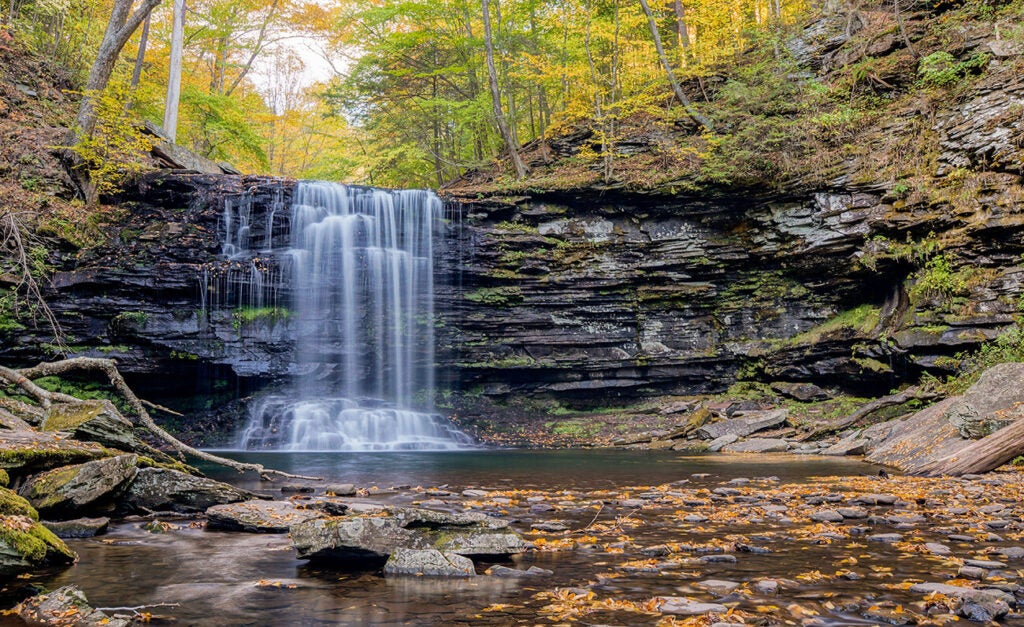 Water cascades down a rocky waterfall surrounded by trees in fall colors.