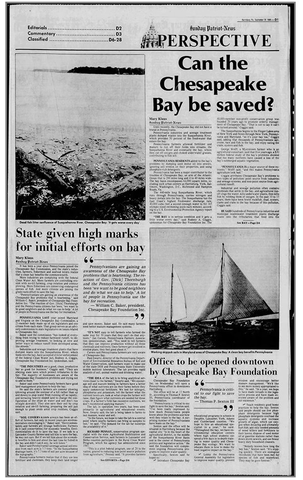 The Perspective page of the Sunday Patriot-News with headlines Can the Chesapeake Bay be Saved?, State given high marks for initial efforts on bay, and Office to be opened downtown by Chesapeake Bay Foundation.