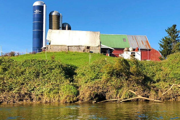 A farm with multiple silos and a multi-colored barn sits on a hillside above Pequea Creek with a vegetated buffer along the waterway
