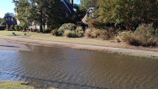Floodwaters cover a residential street and lawns with houses visible in the background.