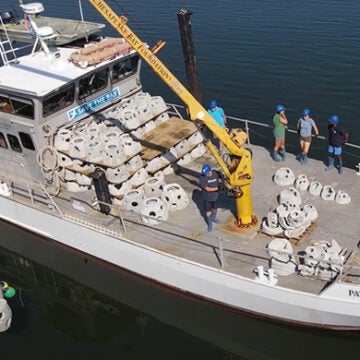 A ship bearing several round reef balls uses a crane to place one into the water.