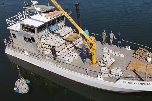A ship bearing several round reef balls uses a crane to place one into the water.