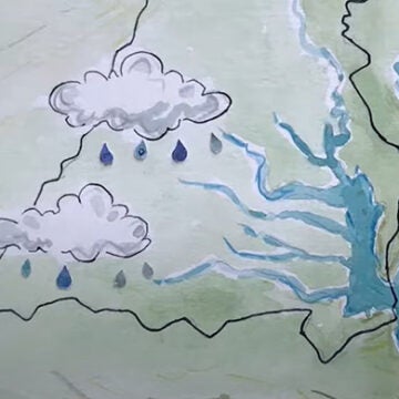 Screenshot of an animated graphic of storm clouds dropping rain on the Chesapeake Bay watershed.
