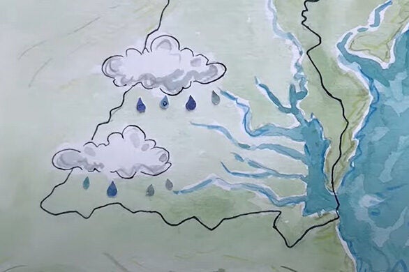 Screenshot of an animated graphic of storm clouds dropping rain on the Chesapeake Bay watershed.