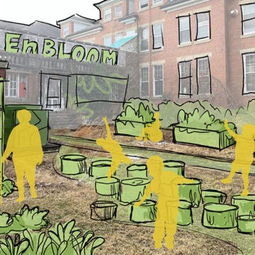 A randering shows garden beds and people enjoying the garden drawn over a vacant Crownsville State Hospital.
