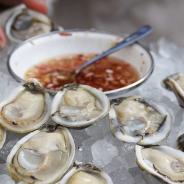 Oysters on the half shell sit on ice.