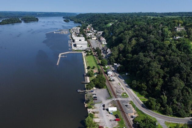 An aerial view of Port Deposit along the Susquehanna River