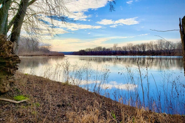 A serene scene of a river in winter with bare trees lining both shores.