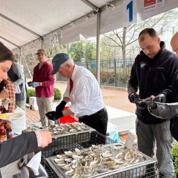 A woman stands in line at a table offering fresh oysters as a row of men behind the table shuck them.
