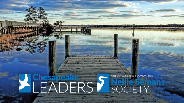 Looking over a pier on a placid Bay. Logos for Chesapeake Leaders and Nellie Semans Society.