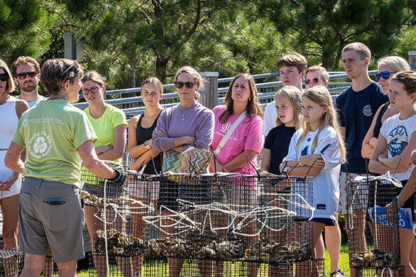 A group of adults and children stand outdoors, attentively listening to a woman speaking in front of stacked wire cages filled with oysters.