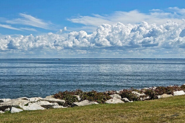 A beautiful shot of a calm bay from the shoreline, with white puffy clouds overhead.