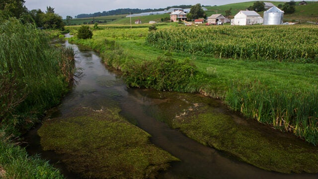 A stream flows through a farm field.