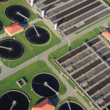 Overhead view of a wastewater treatment plant.