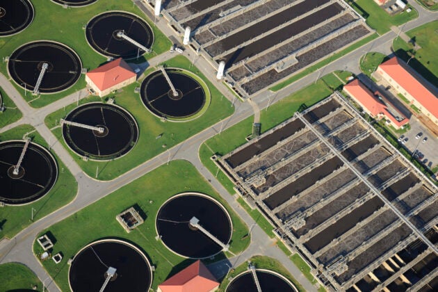 Overhead view of a wastewater treatment plant.