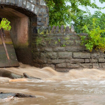 Muddy water rushes out of a stone tunnel.