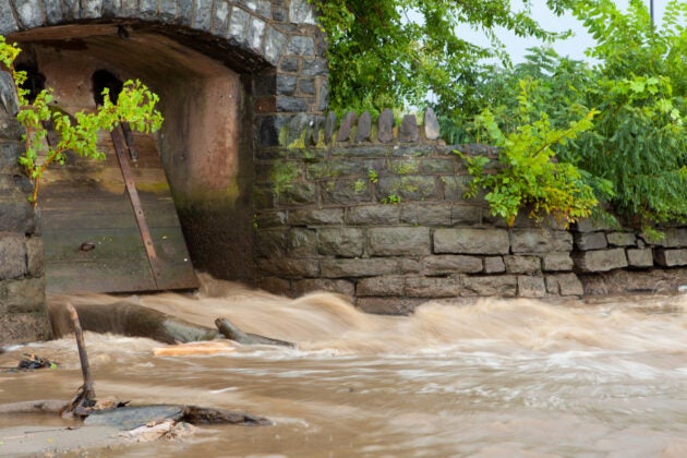 Muddy water rushes out of a stone tunnel.