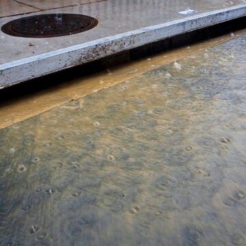 Muddy water flows into a storm drain during a rain storm.