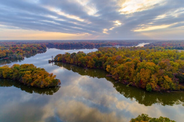 An aerial view of the Sassafras River with autumn foliage of the tree canopy on full display.