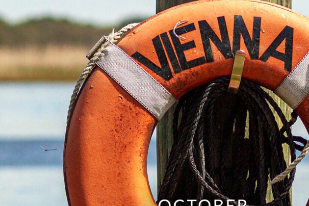An orange life ring with the word Vienna hangs on a post.