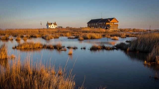 The Karen Noonan Environmental Education Center sits amid marsh grasses.