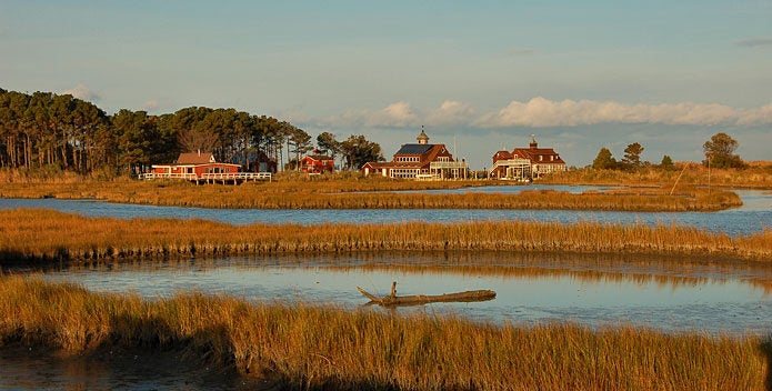 A compound of four buildings sits beyond a marsh.