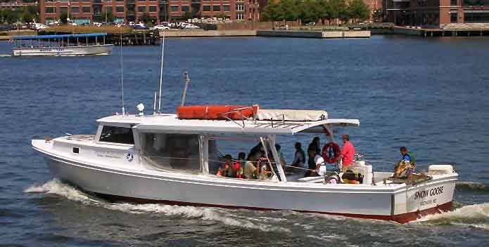 The Snow Goose, a white educational workboatd with an orange canopy, cruises through Baltimore's Inner Harbor carrying a group of students and instructors.