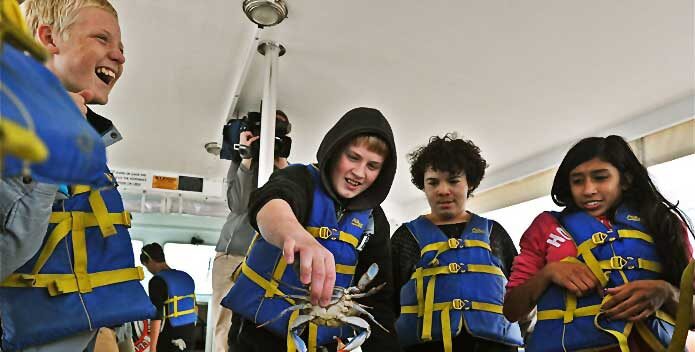 Students wearing life jackets examine a crab.