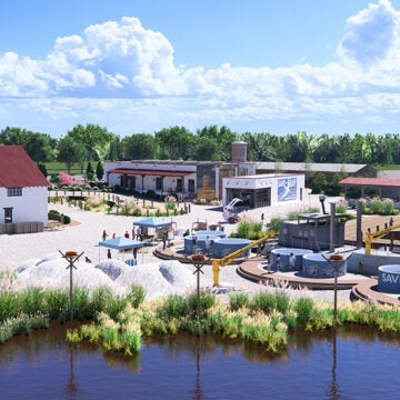 An artist's rendering depicts multiple buildings, oyster shell holding tanks, and mounds of oyster shell on a shoreline.