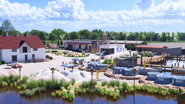 An artist's rendering depicts multiple buildings, oyster shell holding tanks, and mounds of oyster shell on a shoreline.