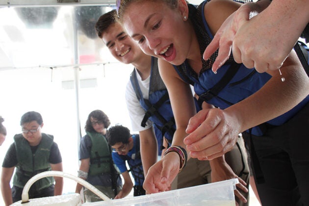 Excited students bend over a plastic container full of water.