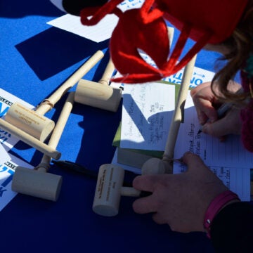 Environmental advocacy event featuring 'Don't Backtrack the Bay' campaign materials, including wooden mallets and flyers promoting Chesapeake Bay conservation.