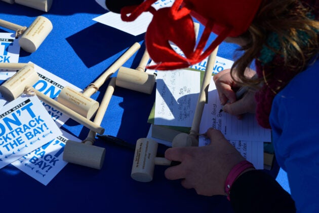 Environmental advocacy event featuring 'Don't Backtrack the Bay' campaign materials, including wooden mallets and flyers promoting Chesapeake Bay conservation.