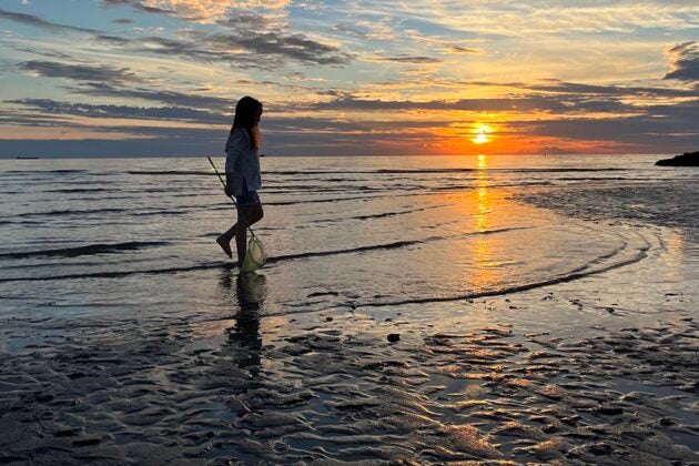 A child carrying a fishing net walks along the shore with golden light reflecting on the water.