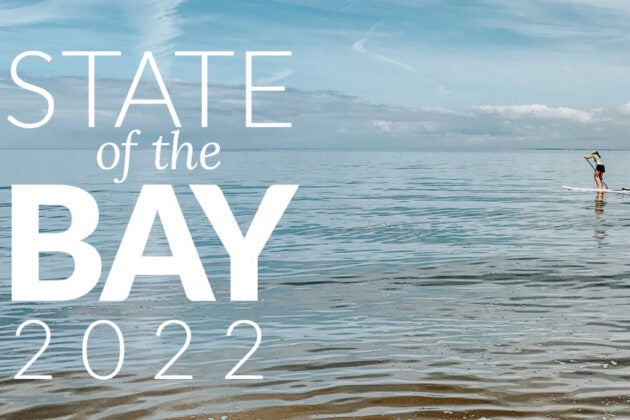 The words State of the Bay overlay an image of a woman paddleboarding.