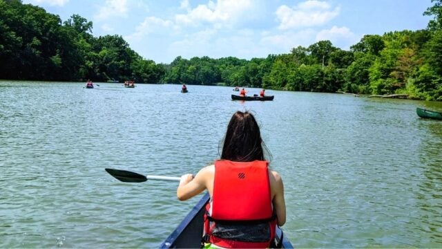 A paddler in a red life jacket canoes on a calm river with several other canoes ahead, surrounded by green trees.