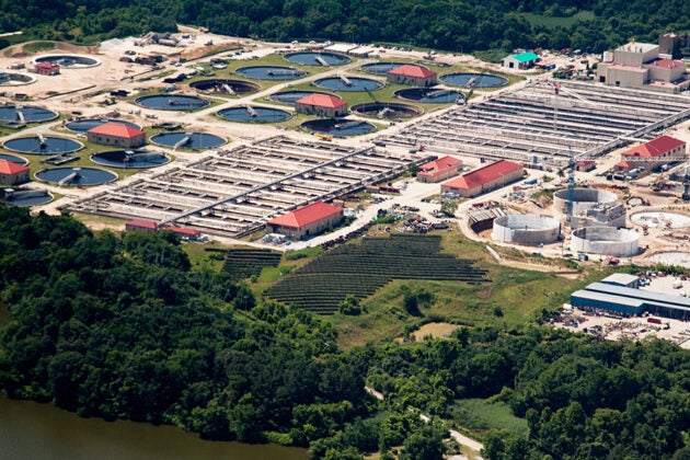 Holding tanks at a wastewater treatment plant.