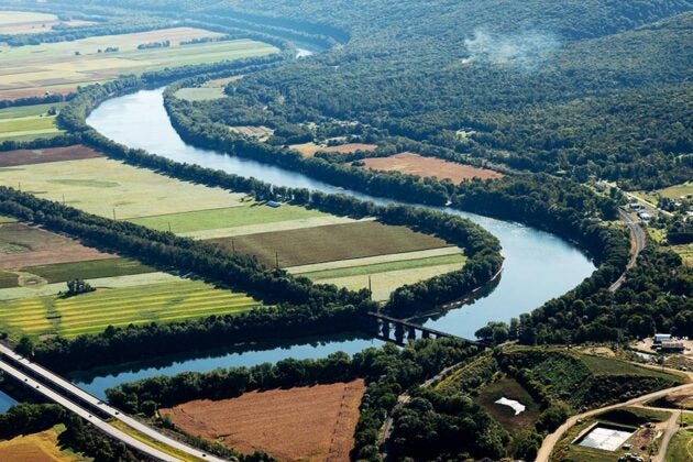 An aerial view of forest buffers lining both sides of a winding river, separating the water from agricultural fields