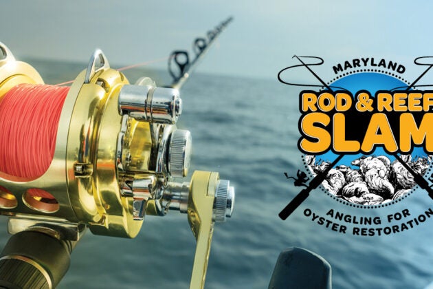 Maryland Rod & Reef Slam fishing tournament logo with gold reel over Chesapeake Bay waters