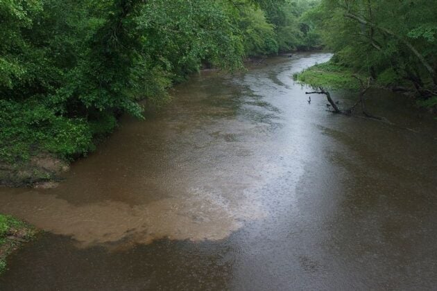 Muddy brown water flows through a forested stream, showing polluted runoff carrying sediment downstream.